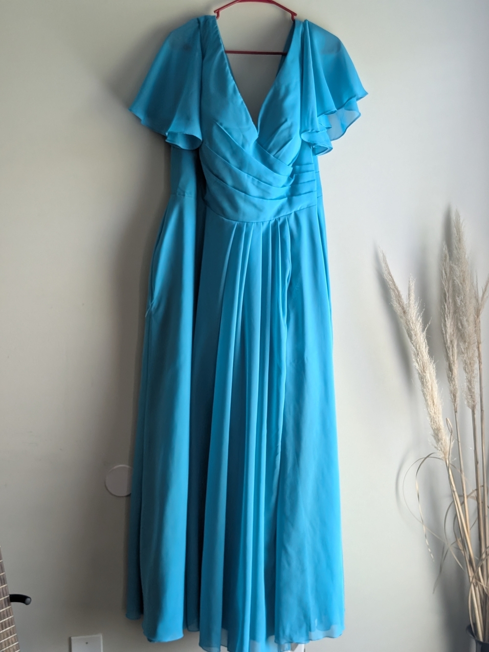Elegant Teal Blue V-Neck Flutter Sleeve Maxi Dress